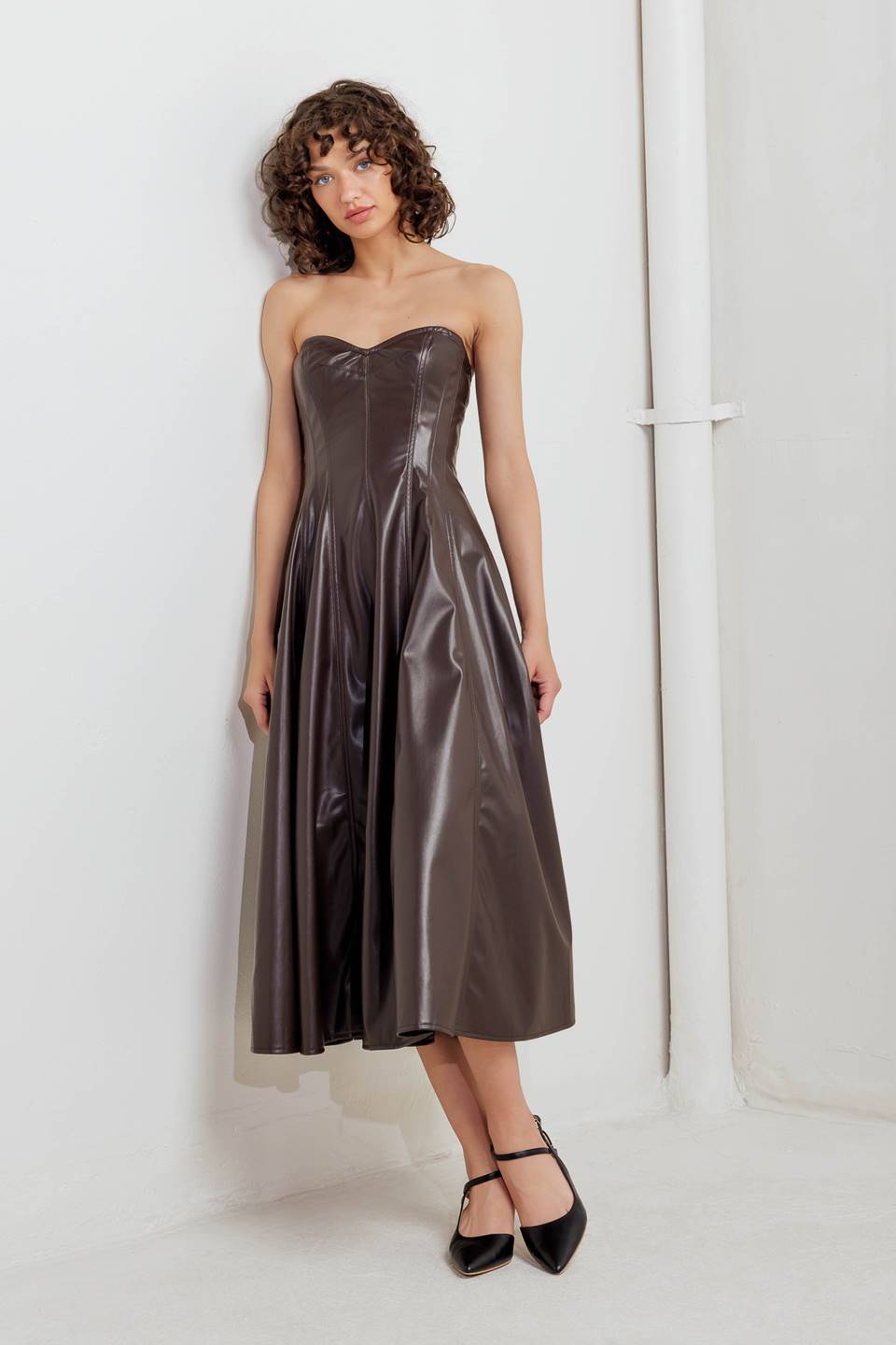 ESPRESSO DIVA FAUX LEATHER MIDI DRESS Flying Tomato